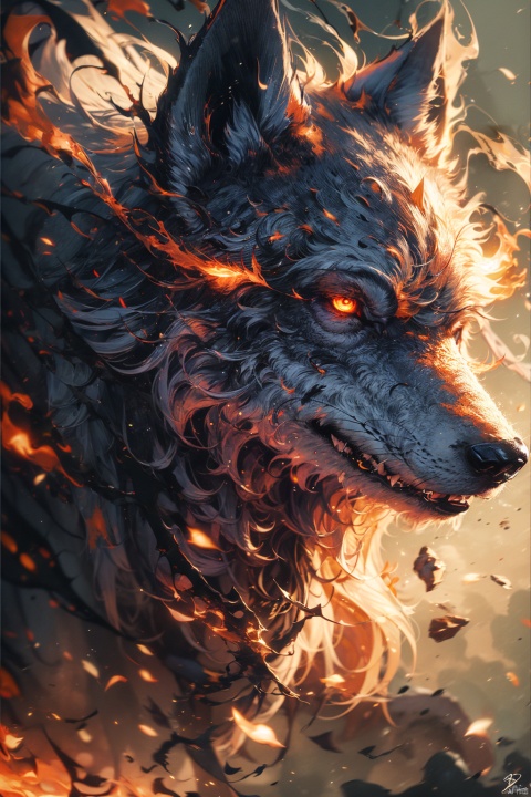  Angry [Subject] wallpaper, in the style of aggressive digital illustration, anamorphic lens flare,wolf , expressive strokes, dark & explosive, close-up, huoshen,zhurongshi, yinghuo,burning