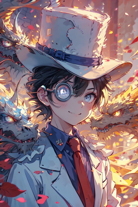  1boy,monocle,white gloves,red necktie,blue shirt,white jacket,collared shirt,long sleeves,top hat,white headwear,looking at viewer,formal,white cape,white suit,smile,dress shirt,malefocus,solo
 kaitou kid, colors, Dragon and girl, yinghuo
