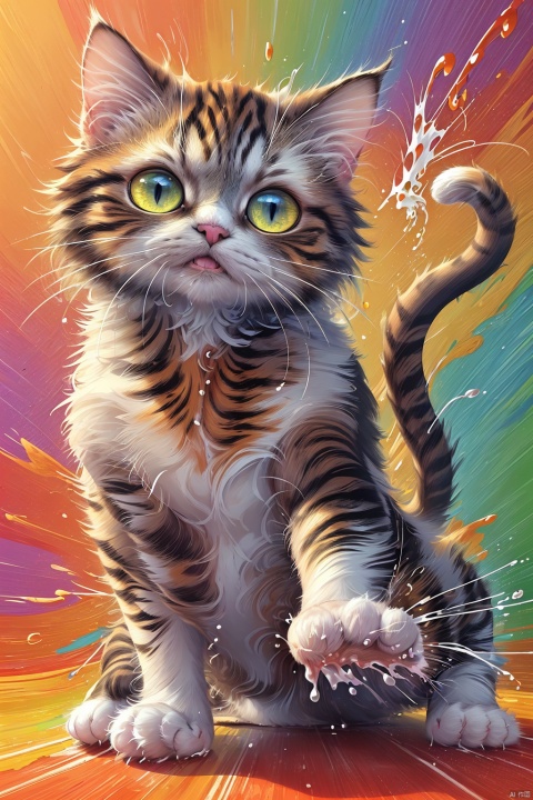  1cat,((masterpiece)), high detailed, ultra-detailed, (1cat), (happy), (colorful paint splashes), (action shot), (playful), (vibrant), (free-spirited)., (close-up), ((best quality)), 8k, best quality, UHD
