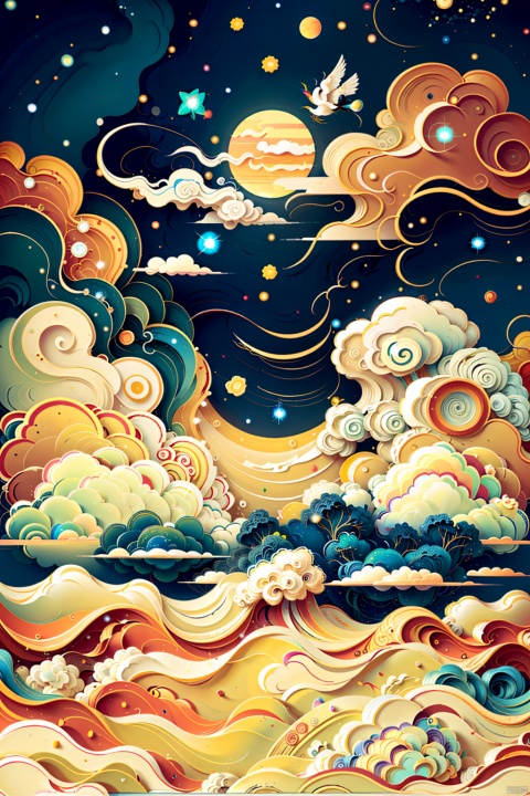  Illustration style, hand-painted style, childlike, dreamy, stars, soft, clouds, moon, hairball, decoration, lovely, great works, 8k, movie texture, movie cg, clear details, rich picture, miji, tongxin
