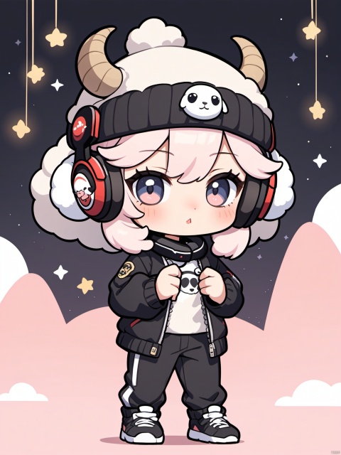  solo, 1sheep,looking at viewer, blush, hat, holding, jacket, horns, pants,, chibi, black jacket, headphones, black pants, beanie, headphones around neck, sheep horns,sheep face
no human
singer background