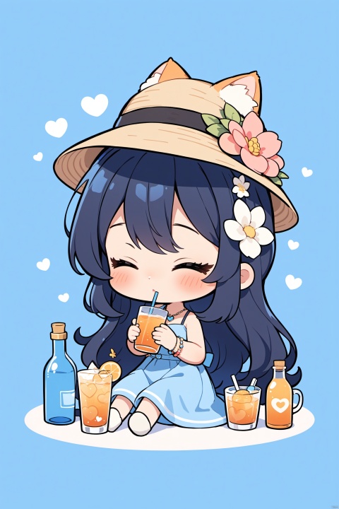 1girl,sunglasses,cup,flower,hair ornament,drinking glass,hair flower,black hair,cat,holding,chibi,solo,bottle,blue background,holding cup,sitting,closed eyes,blue theme,heart,long hair,blush,drink,jewelry,hat,bracelet,