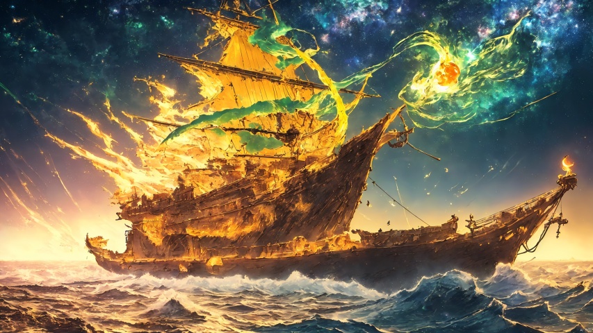  extremely detailed 8k wallpaper,(highly detailed:1.1), ((masterpiece:1.1)),[anime:Impasto:0.5], intricate , fantasy,(1ship),(ocean:1.2),[golden boat:golden boat with (green fire:1.2):0.1], clear sky ,wind ,beautiful sky,(nightsky),(galaxy), (huge blood moon in the background:1.05)
