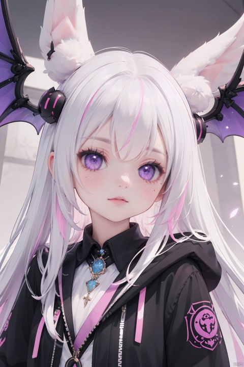 Masterpiece, best quality, ultra detailed, extremely detailed, sharp focus, 1 girl, white hair with pink streak, purple eyes, a black fancy dress, fluffy unzipped jacket, fancy pink and black jewelries, pink mix purple demon horns, a black mix pink mix purple demon wings, kawaii bunnies around her, vampire demon tattoos on her, shiny, glitter, better face, better hands, black collar, glowing effects, 