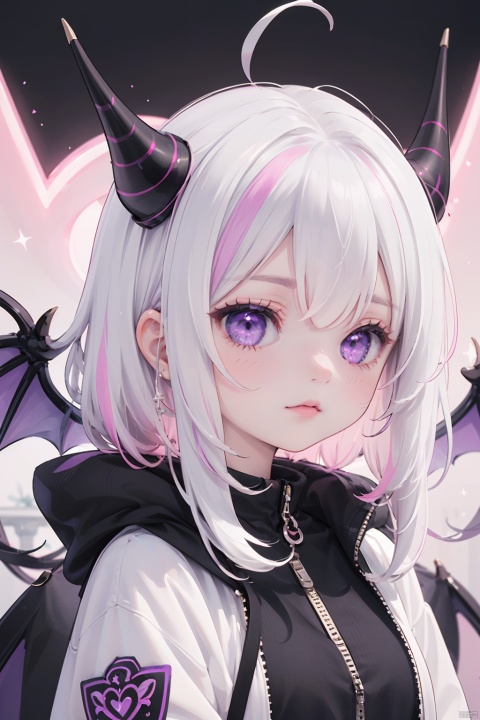 Masterpiece, best quality, ultra detailed, extremely detailed, sharp focus, 1 girl, white hair with pink streak, purple eyes, a black fancy dress, fluffy unzipped jacket, fancy pink and black jewelries, pink mix purple demon horns, a black mix pink mix purple demon wings, kawaii bunnies around her, vampire demon tattoos on her, shiny, glitter, better face, better hands, black collar, glowing effects, 