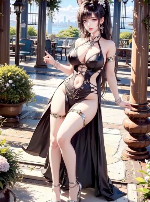 （1Girl, black hair, ponytail, hair accessories,animal ears， bunny ears, eye shadow, long legs, crystal high heels, crystal dress, earrings,dress， surprise, sexy stance），8K，Super fine，epic composition，Ultra HD quality，high-definition，Highest quality，