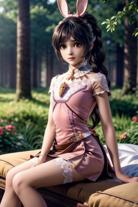  outdoor，（dark night，forest，moonlight，Star，Butterfly，flowers and grass），（1girl，black hair，ponytail，hair decorations，Rabbit ears，ultra high definition，pink dress，miniskirt，white stockings，small bed，sitting），Wearing white silk，Lift up your skirt yourself