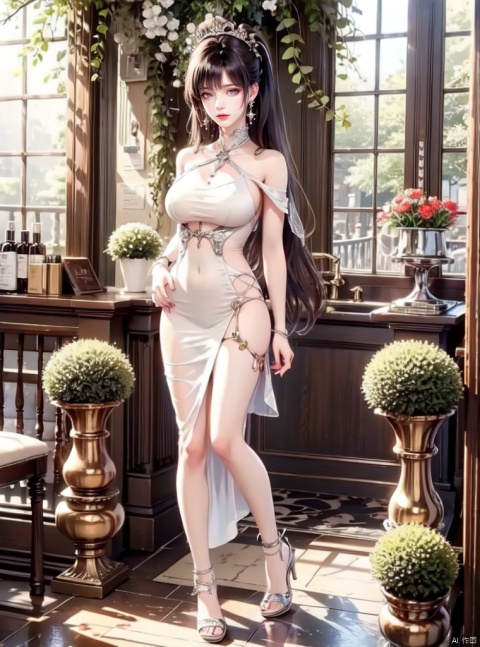 （1Girl, black hair, ponytail, hair accessories,animal ears， bunny ears, eye shadow, long legs, crystal high heels, crystal dress, earrings,dress， surprise, sexy stance），8K，Super fine，epic composition，Ultra HD quality，high-definition，Highest quality，