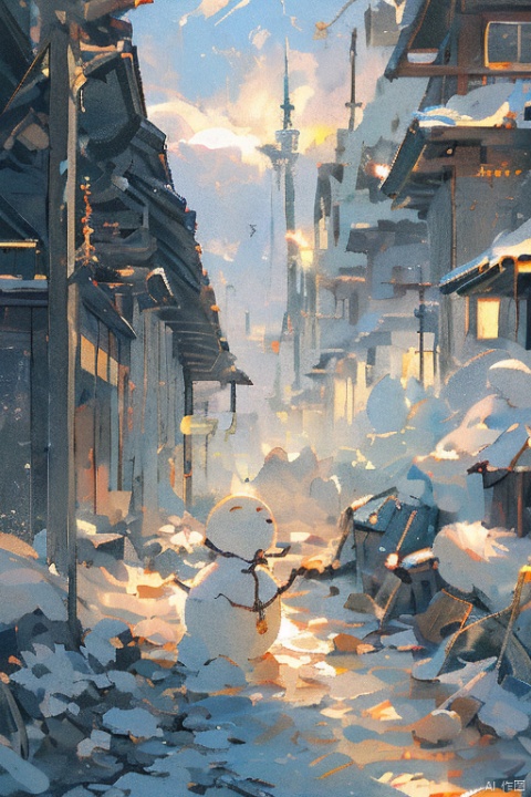  ,(Masterpiece: 1.2), Best Quality, PIXIV, scenery,architecture,east asian architecture,no humans,outdoors,tree,sunlight,day,snow,icicle,chain of mountains,smoke from kitchen chimneys,a snowman,sky.