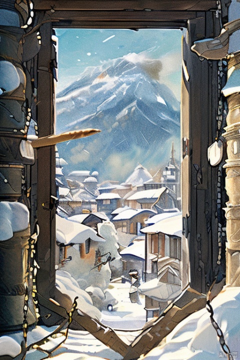  ,(Masterpiece: 1.2), Best Quality, PIXIV, scenery,architecture,east asian architecture,no humans,outdoors,tree,sunlight,day,snow,icicle,chain of mountains,smoke from kitchen chimneys,a snowman,sky.