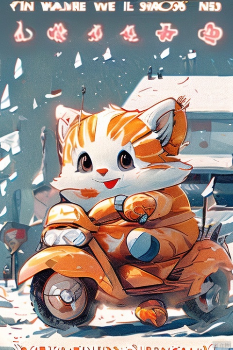 The big orange cat jumped into his motorized car and began his delivery trip for the day. It was clad in a red coat, wrapped in its own tail, its fluffy ears fluttering in the cold wind.

It traveled along the snow-covered road, waving its arms from time to time to greet passers-by. Some people who saw it couldn't help stopping to admire its cute appearance, and a burst of warm laughter spread in the cold winter days.

Translated with DeepL.com (free version)