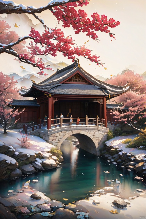 Best quality,8k,cg,Peach blossom, stream, wooden house, ancient Chinese painting