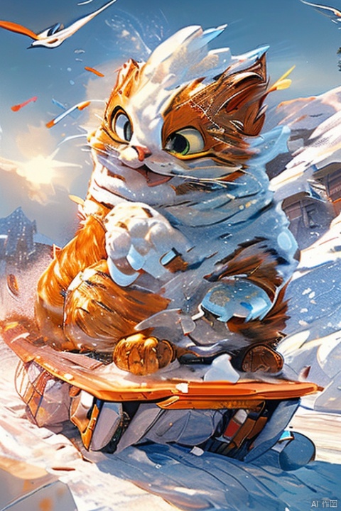 The big orange cat scrambled up and dried the snow off his body, realizing that he was already late. He looked anxiously at his watch and was secretly anxious. So it stomped on the motorized car and accelerated forward as hard as it could.