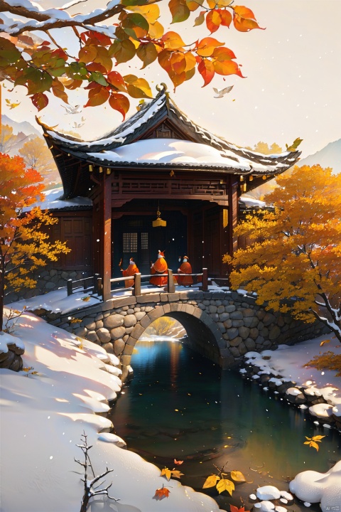  Best quality,8k,cg,Persimmon trees, snowflakes, wooden houses, ancient customs