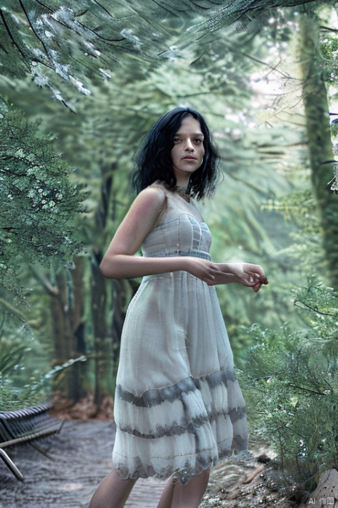  NSFW, Best Quality, Dark, Masterpiece, Ultra High Resolution, Realistic, 8K, 1 cat, with long black hair, wearing a long white dress, strolling in a dreamy green forest, hybrid