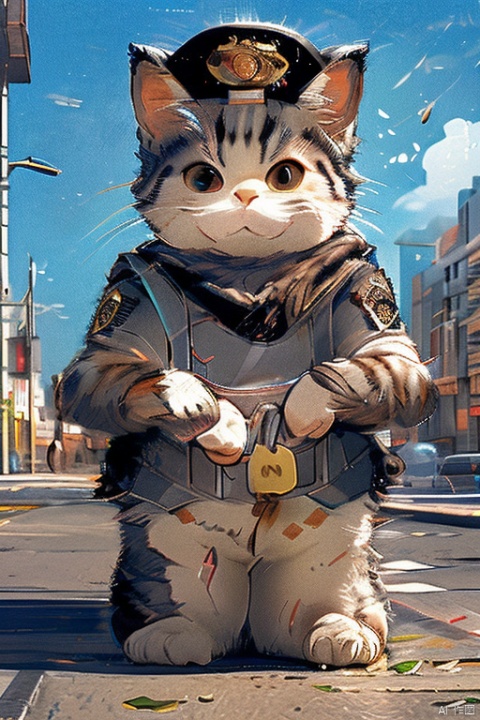  ,(Masterpiece: 1.2), Best Quality, PIXIV, 1 cat, wearing police uniform, holding handcuffs, hybrid