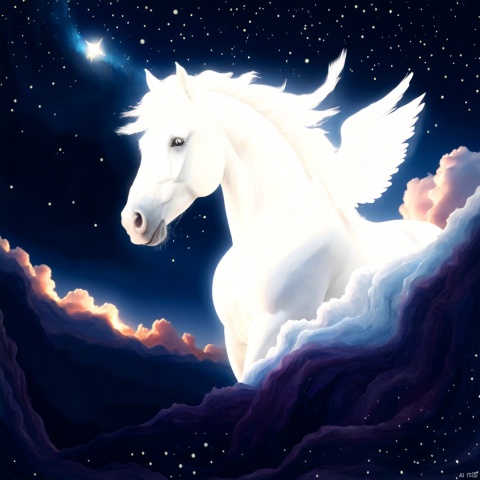  llustration style, hand-painted style, hand drawn lovely
 Furry white horse with wings, dream,the Earth , dreamy, stars, soft, clouds, decoration, great works, 8k, movie texture, movie cg, clear details, rich picture, keai