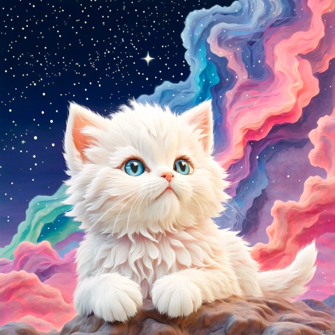  llustration style, hand-painted style, hand drawn lovely
 Furry kitten, fantasy, starry sky, aurora,stars, soft, clouds, decoration, great works, 8k, movie texture, movie cg, clear details, rich picture, keai
