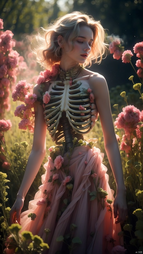  (masterpiece, best quality), natural soft light, (1girl), brown eyes, blonde color hair, standing in the field, strapless pink dress, surrounded by green smoke, wide-angle lens, lens flare, ultra high definition, high resolution, very detailed, best quality, clear theme, ultra-realistic and ultra-detail,(ribs:1.29),