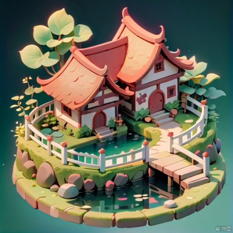  isometric anime,watercolor,Rich Colors,prospect,Shrubs,,house,Fence, ridge, stone brick, drying rack,cozy animation scenes,insane details,intraspecies,
Three ponds, lotus leaves, cows, ducks, dragonflies, fences,microhouse