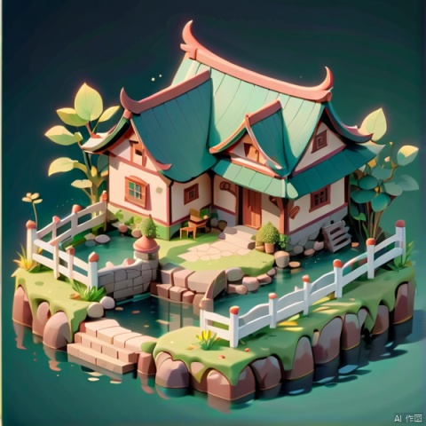  isometric anime,watercolor,Rich Colors,prospect,Shrubs,,house,Fence, ridge, stone brick, drying rack,cozy animation scenes,insane details,intraspecies,
Three ponds, lotus leaves, cows, ducks, dragonflies, fences,microhouse