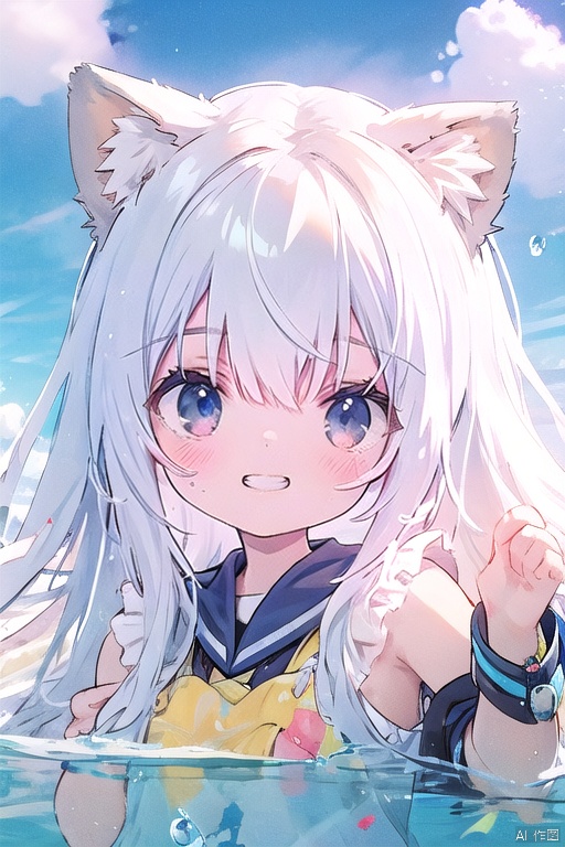  1girl, solo, long hair, animal ears, smile, animal ear fluff, dress, grin, looking at viewer, very long hair, bangs, sky, water, sleeveless, hair between eyes, blue eyes, white dress, day, tail, blue sky, white hair, sleeveless dress, blush, outdoors, fox ears, cloud, ears down, cuteloli, cozy anime