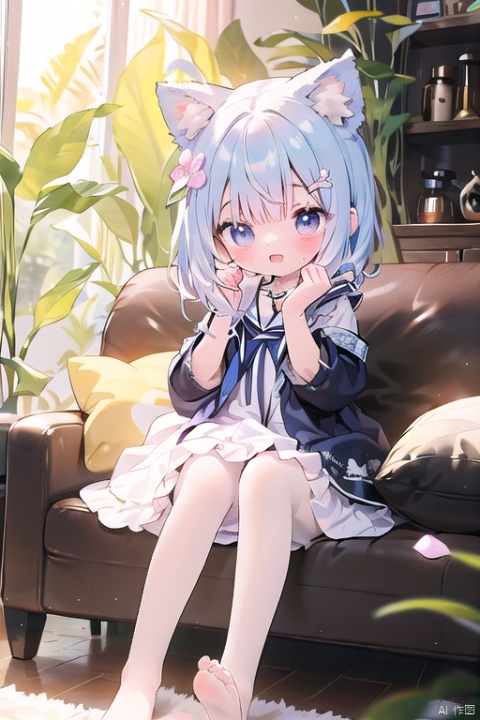  open mouth,full body,petite,seductive smile,open mouth,(loli_1.4),(chibi_0.4),medium breasts,_bare should,fox ears,nahida, flower, looking at viewer, wedding dress, purple flower, petals, hair ornament, white dress, bouquet,  couch, 