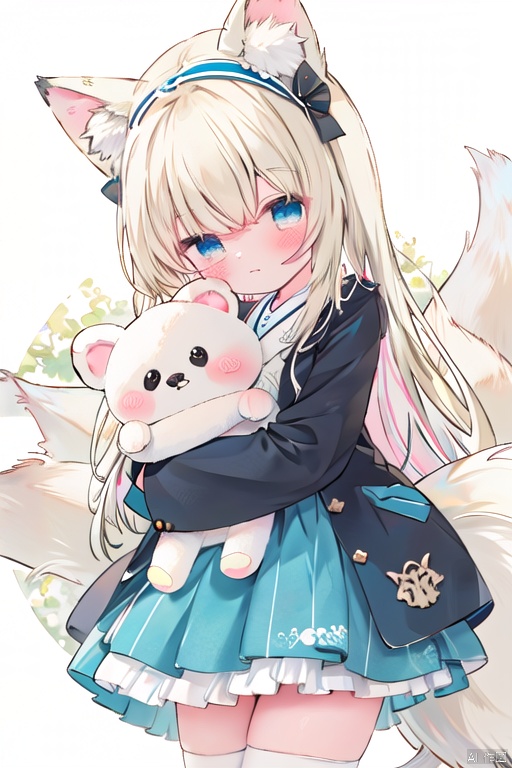 1girl, solo, long hair, looking at viewer, blush, bangs, blue eyes, blonde hair, shirt, thighhighs, long sleeves, white background, dress, bow, holding, animal ears, closed mouth, tail, white shirt, white hair, hair bow, multicolored hair, hairband, frills, striped, black thighhighs, two side up, animal ear fluff, fox ears, blue dress, fox tail, blue bow, stuffed toy, frilled dress, stuffed animal, fox girl, multiple tails, puffy long sleeves, teddy bear, striped bow, object hug, blue hairband, holding stuffed toy, kitsune, kyuubi, suzuran \(arknights\)