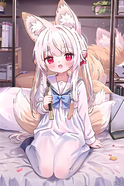  1girl,solo,looking up,open mouth,smile,red eyes,full body,sitting on bed,in room,school uniform,sailor,detail dress,a gorgeous dress,(hairbow:1.2),ribbon,hair_ribbon,hairpin,white hair,(fox ears:1.3),very long hair, cozy anime,smug, cuteloli, breast curtains, cozy animation scenes, 30710