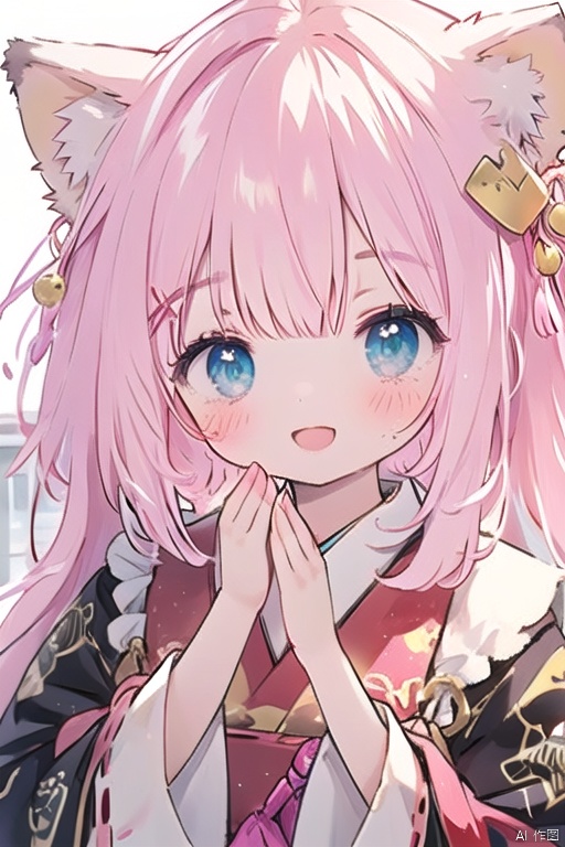 1girl, solo, long hair, blush, smile, open mouth, animal ears, closed eyes, pink hair, braid, white hair, multicolored hair, japanese clothes, fang, virtual youtuber, animal ear fluff, fox ears, ribbon trim, facing viewer, ribbon-trimmed sleeves, miko