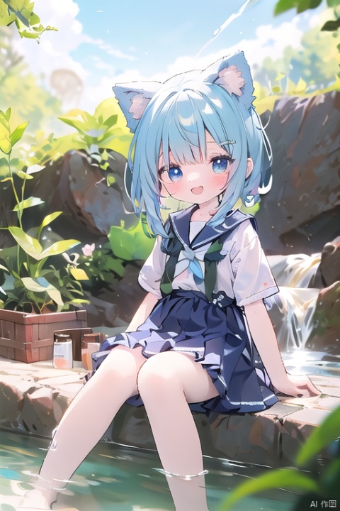  open mouth,full body,petite,seductive smile,open mouth,(loli_1.4),(chibi_0.4),medium breasts,_bare should,fox ears,blue eyes,play with/in water,onsen