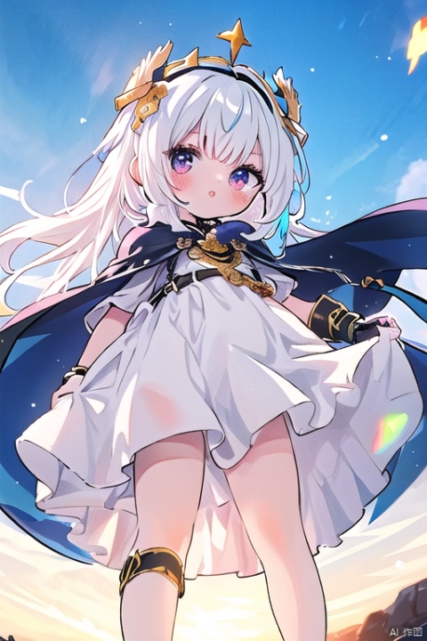 solo, 1girl, holding, weapon, white hair, male focus, multicolored hair, sword, chibi, cape, holding weapon, armor, facial hair, holding sword, crown, beard, dragon