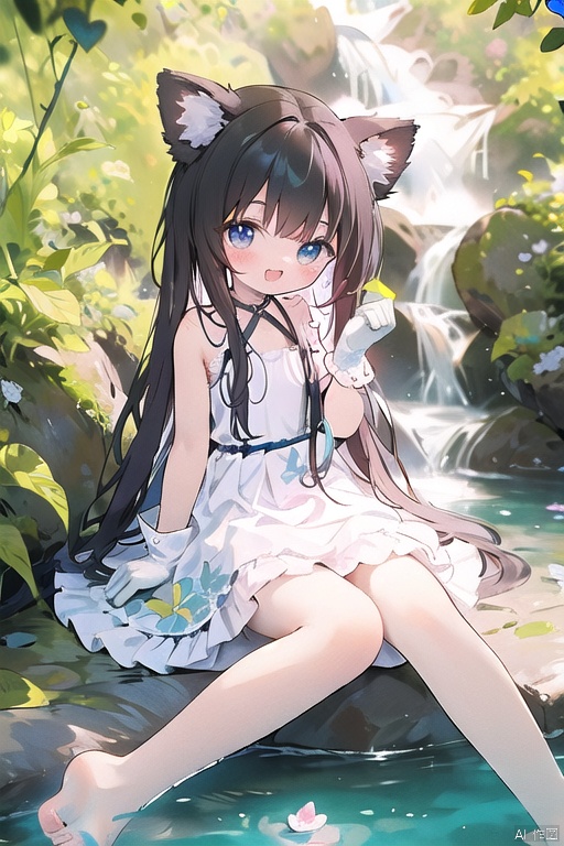  open mouth,full body,petite,seductive smile,open mouth,(loli_1.4),(chibi_0.4),medium breasts,_bare should,fox ears,blue eyes,play with/in water,onsen, nahida, flower, looking at viewer, wedding dress, gloves, purple flower, smile, petals, elbow gloves, hair ornament, white dress, bare shoulders, white gloves, holding, bouquet, collarbone, strapless dress, couch, strapless,happy,full_body