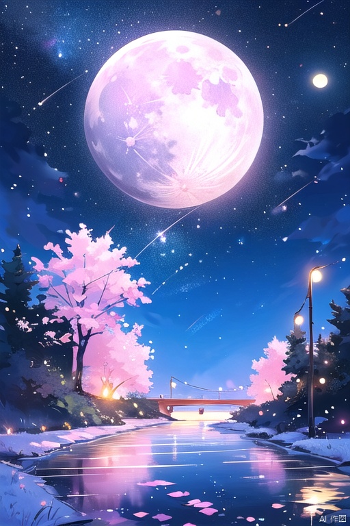  outdoors,full moon,night,flower,cherry blossoms,sky,tree,pink flower flying around,night sky,no humans,masterpiece,illustration,extremely fine and beautiful,perfect details,stream,
