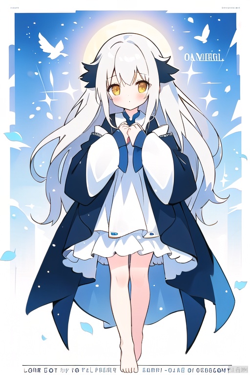 1girl, solo, long hair, looking at viewer, blush, bangs, long sleeves, dress, standing, full body, yellow eyes, white hair, frills, barefoot, wide sleeves, white dress,  sleeves past wrists, bare legs, copyright name, bird, hair intakes, sleeves past fingers
