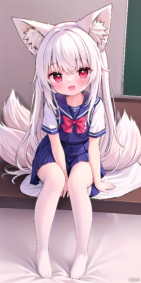  1girl,solo,looking up,open mouth,smile,red eyes,full body,sitting on bed,in room,school uniform,sailor,detail dress,a gorgeous dress,(hairbow:1.2),ribbon,hair_ribbon,hairpin,white hair,(fox ears:1.3),very long hair,