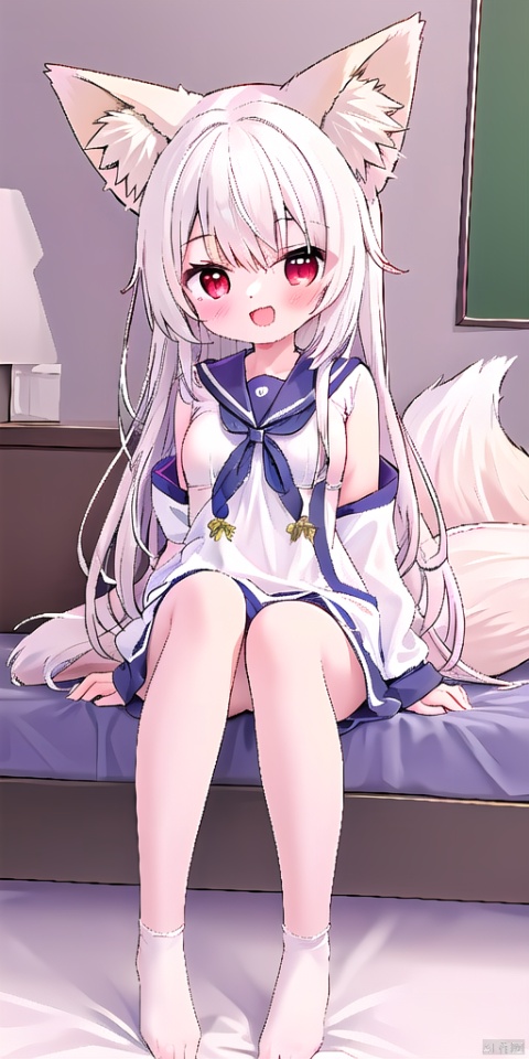  1girl,solo,looking up,open mouth,smile,red eyes,full body,sitting on bed,in room,school uniform,sailor,detail dress,a gorgeous dress,(hairbow:1.2),ribbon,hair_ribbon,hairpin,white hair,(fox ears:1.3),very long hair, cozy anime,smug, cuteloli, breast curtains