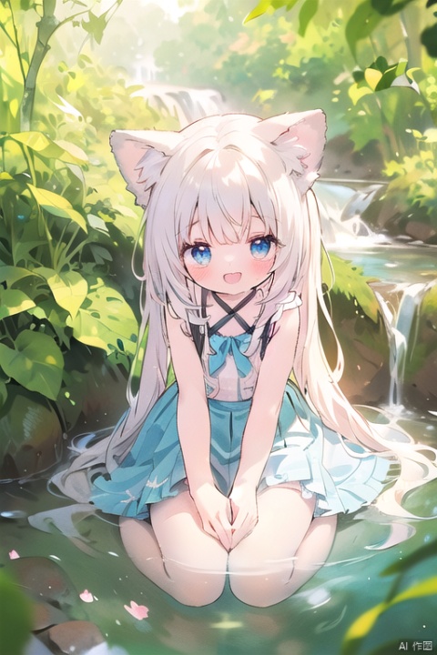 open mouth,full body,petite,seductive smile,open mouth,(loli_1.4),(chibi_0.4),medium breasts,_bare should,fox ears,blue eyes,creek,play with/in water,