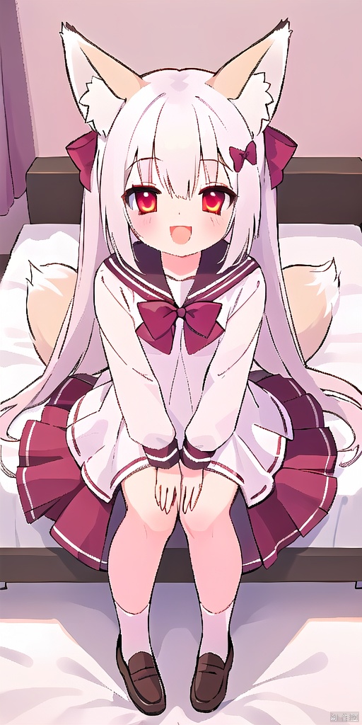  (1girl:1.5),(solo:1.5),looking up,open mouth,smile,red eyes,full body,sitting on bed,in room,school uniform,sailor,detail dress,a gorgeous dress,(hairbow:1.2),ribbon,hair_ribbon,hairpin,white hair,(fox ears:1.3),very long hair,