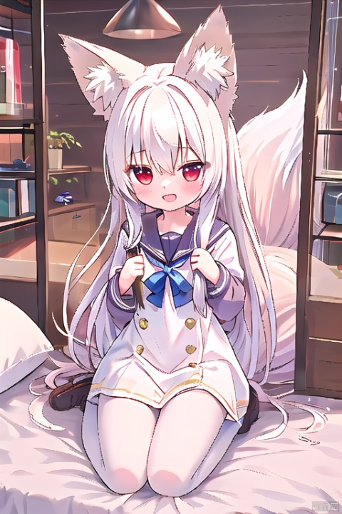  1girl,solo,looking up,open mouth,smile,red eyes,full body,sitting on bed,in room,school uniform,sailor,detail dress,a gorgeous dress,(hairbow:1.2),ribbon,hair_ribbon,hairpin,white hair,(fox ears:1.3),very long hair, cozy anime,smug, cuteloli, breast curtains, cozy animation scenes, 30710
