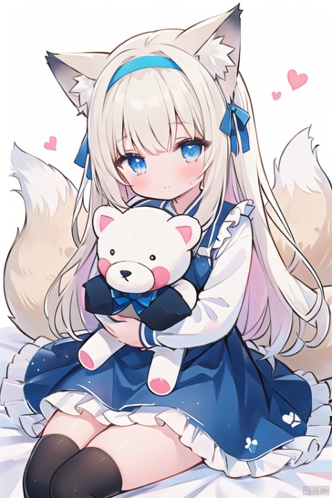 1girl, solo, long hair, looking at viewer, blush, bangs, blue eyes, blonde hair, shirt, thighhighs, long sleeves, white background, dress, bow, holding, animal ears, closed mouth, tail, white shirt, white hair, hair bow, multicolored hair, hairband, frills, striped, black thighhighs, two side up, animal ear fluff, fox ears, blue dress, fox tail, blue bow, stuffed toy, frilled dress, stuffed animal, fox girl, multiple tails, puffy long sleeves, teddy bear, striped bow, object hug, blue hairband, holding stuffed toy, kitsune, kyuubi, suzuran \(arknights\)