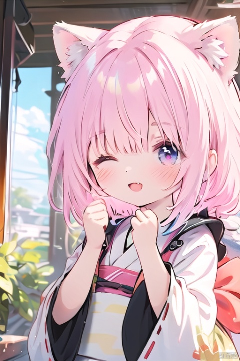  1girl, solo, long hair, blush, smile, open mouth, animal ears, closed eyes, pink hair, braid, white hair, multicolored hair, japanese clothes, fang, virtual youtuber, animal ear fluff, fox ears, ribbon trim, facing viewer, ribbon-trimmed sleeves, miko