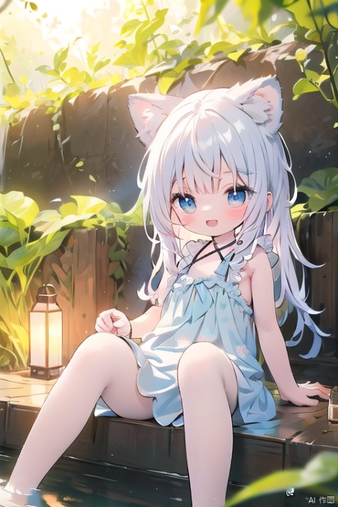  open mouth,full body,petite,seductive smile,open mouth,(loli_1.4),(chibi_0.4),medium breasts,_bare should,fox ears,blue eyes,play with/inwater,onsen，“涟漪说C它”