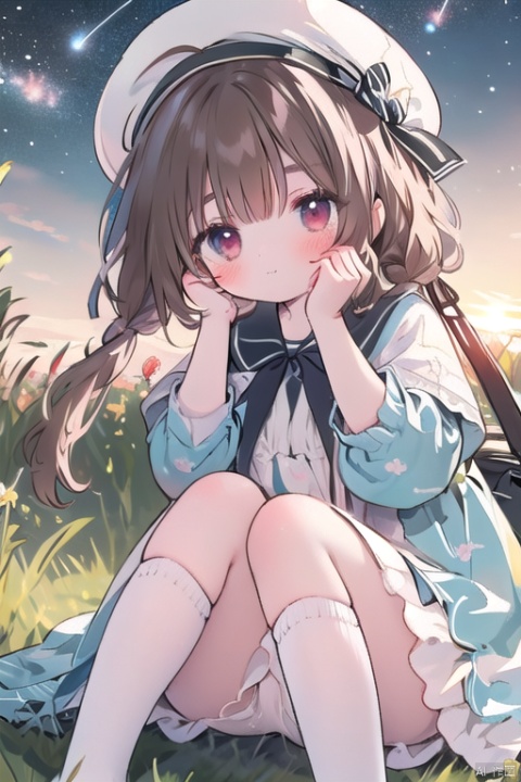 1girl, solo, long hair, looking at viewer, blush, smile, bangs, brown hair, red eyes, long sleeves, hat, dress, bow, animal ears, twintails, sitting, very long hair, closed mouth, underwear, panties, ahoge, outdoors, sky, socks, puffy sleeves, white panties, kneehighs, capelet, night, blue dress, low twintails, beret, white headwear, pantyshot, grass, white socks, star \(sky\), night sky, puffy long sleeves, starry sky, sunset, hands on own face, hands on own cheeks, shooting star