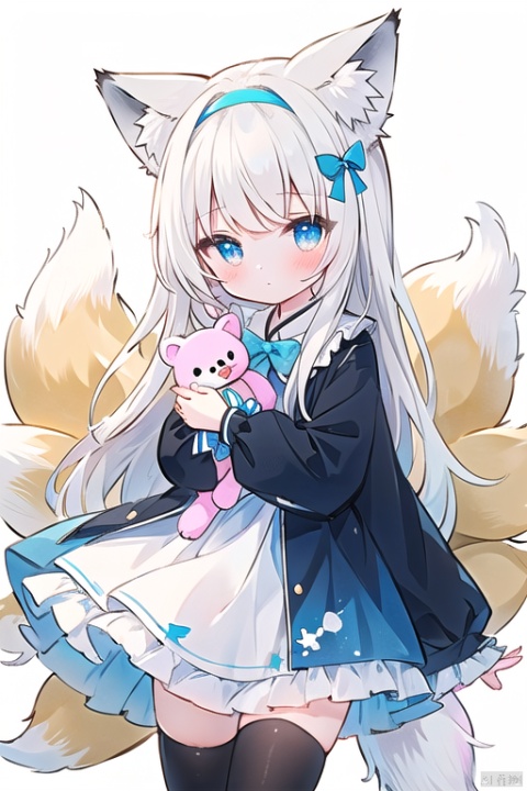 1girl, solo, long hair, looking at viewer, blush, bangs, blue eyes, blonde hair, shirt, thighhighs, long sleeves, white background, dress, bow, holding, animal ears, closed mouth, tail, white shirt, white hair, hair bow, multicolored hair, hairband, frills, striped, black thighhighs, two side up, animal ear fluff, fox ears, blue dress, fox tail, blue bow, stuffed toy, frilled dress, stuffed animal, fox girl, multiple tails, puffy long sleeves, teddy bear, striped bow, object hug, blue hairband, holding stuffed toy, kitsune, kyuubi, suzuran \(arknights\)
