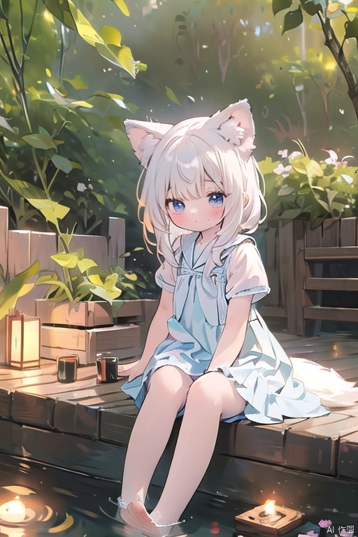  masterpiece,best quality,1girl,gentle and quiet,full body,fox ears,blue eyes,white hair,long hair,outdoors,onsen,play with/in water,