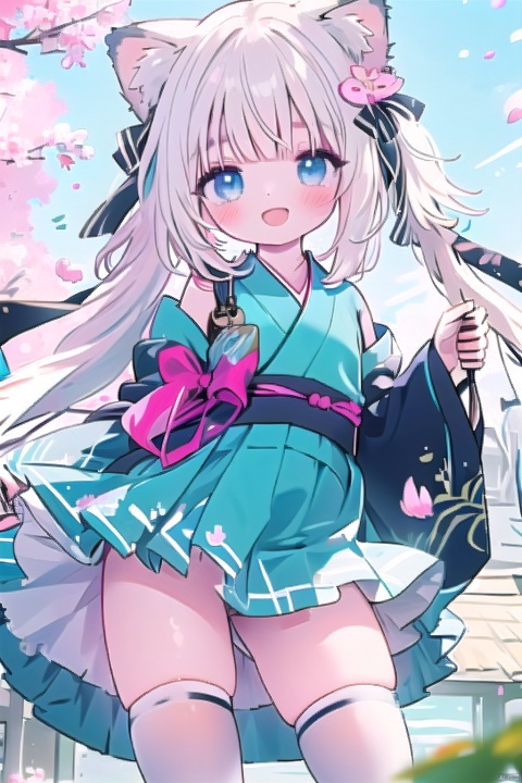  1girl, long hair, looking at viewer, blush, smile, open mouth, bangs, blue eyes, skirt, hair ornament, thighhighs, dress, animal ears, very long hair, tail, white hair, detached sleeves, japanese clothes, virtual youtuber, cat ears, english text, animal ear fluff, fox ears, fox tail, cherry blossoms, fox girl
