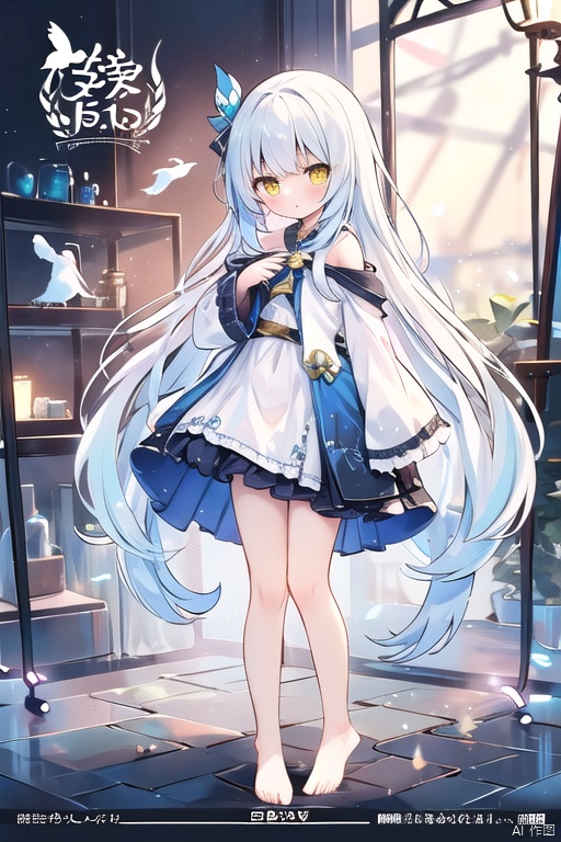 1girl, solo, long hair, looking at viewer, blush, bangs, long sleeves, dress, standing, full body, yellow eyes, white hair, frills, barefoot, wide sleeves, white dress,  sleeves past wrists, bare legs, copyright name, bird, hair intakes, sleeves past fingers