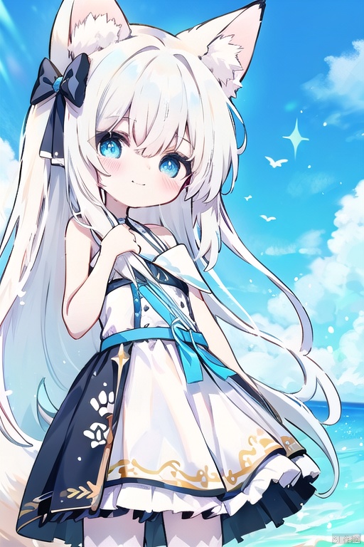  1girl, solo, long hair, animal ears, smile, animal ear fluff, dress, grin, looking at viewer, very long hair, bangs, sky, water, sleeveless, hair between eyes, blue eyes, white dress, day, tail, blue sky, white hair, sleeveless dress, blush, outdoors, fox ears, cloud, ears down,yuzu, 30710