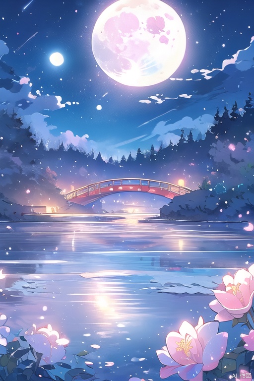  outdoors,full moon,night,flower,cherry blossoms,sky,tree,pink flower flying around,night sky,no humans,masterpiece,illustration,extremely fine and beautiful,perfect details,stream,
